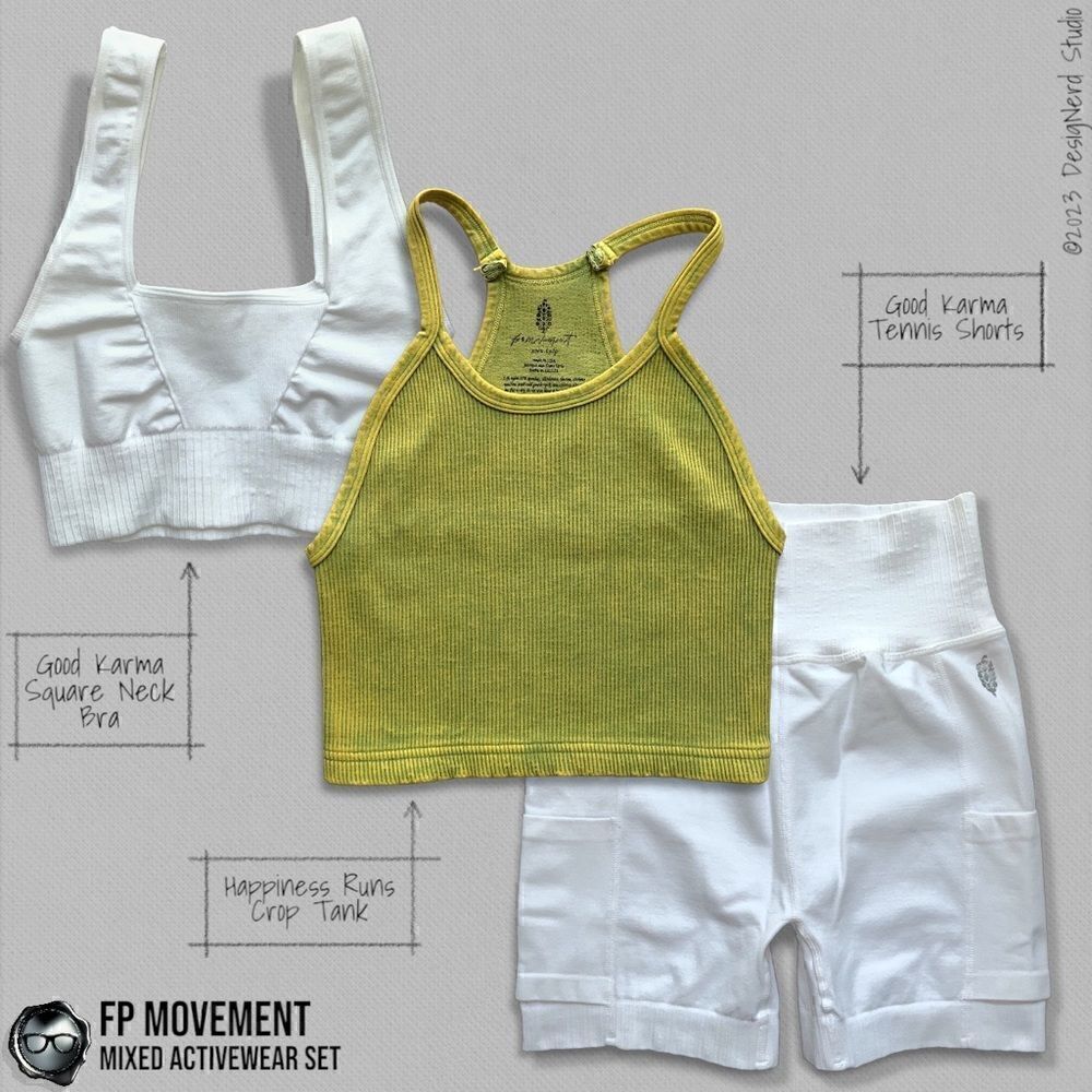 FP MOVEMENT SET GOOD KARMA SQUARE NECK BRA + TENNIS SHORTS + HAPPINESS RUNS CROP